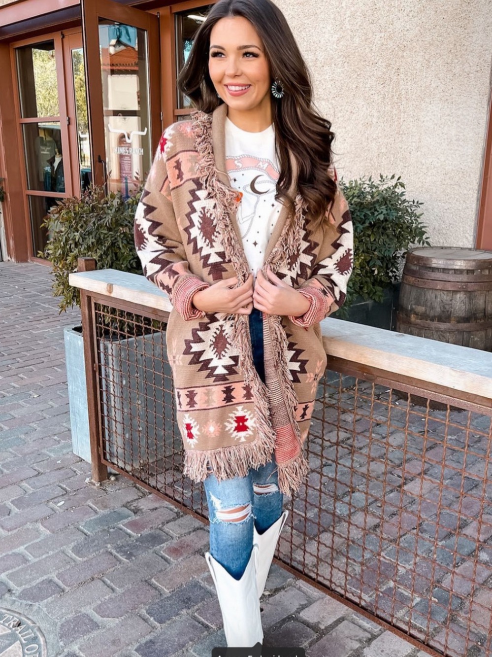 JODIFL Southwestern Fringed Open-Front Cardigan in Tan